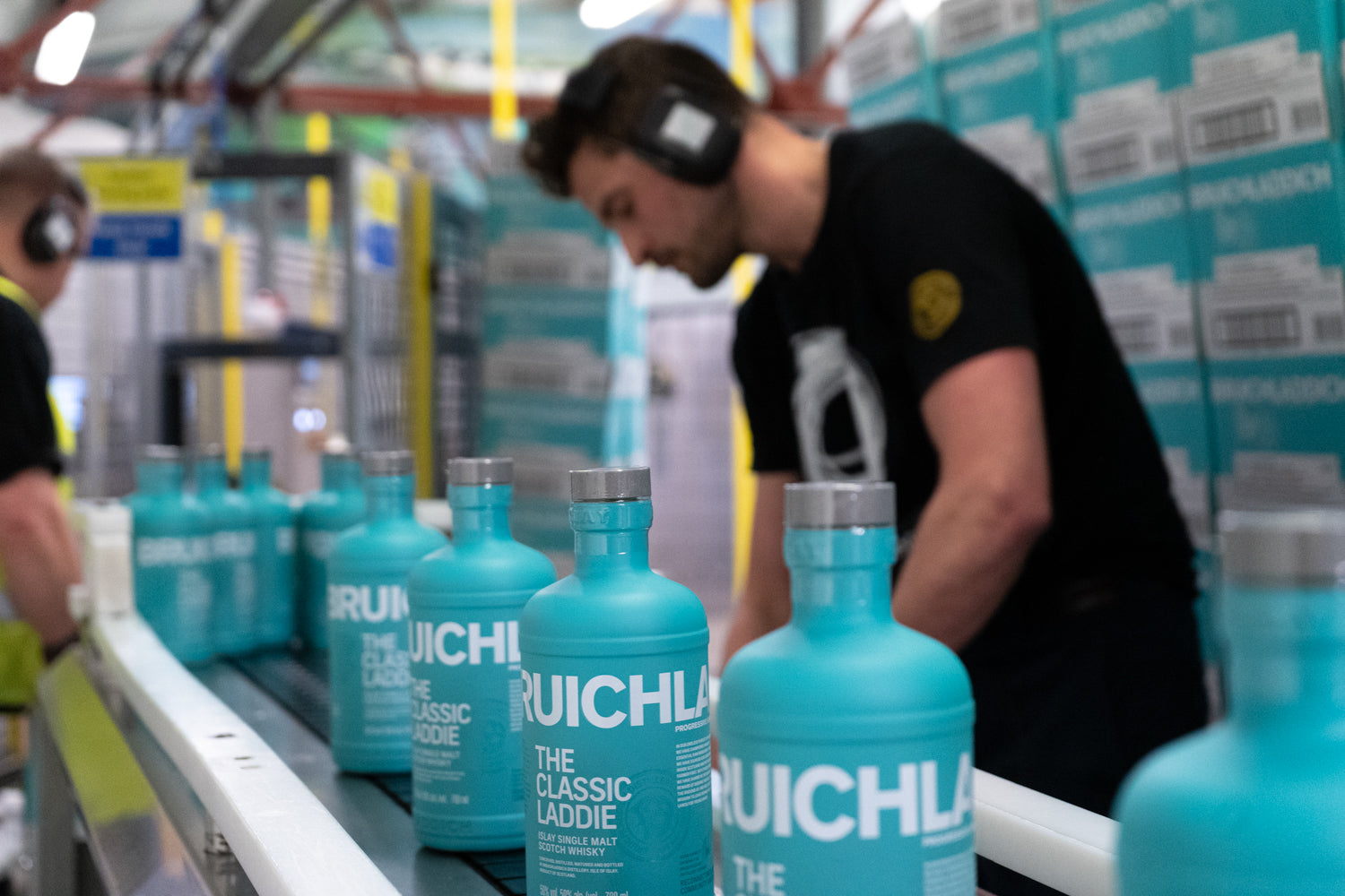 Image of the new Bruichladdich Classic Laddie bottle being prepared in the bottling hall